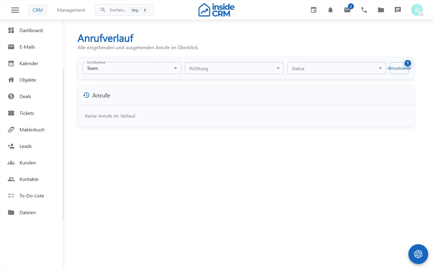 Anrufübersicht mit Status und Nachbereitung