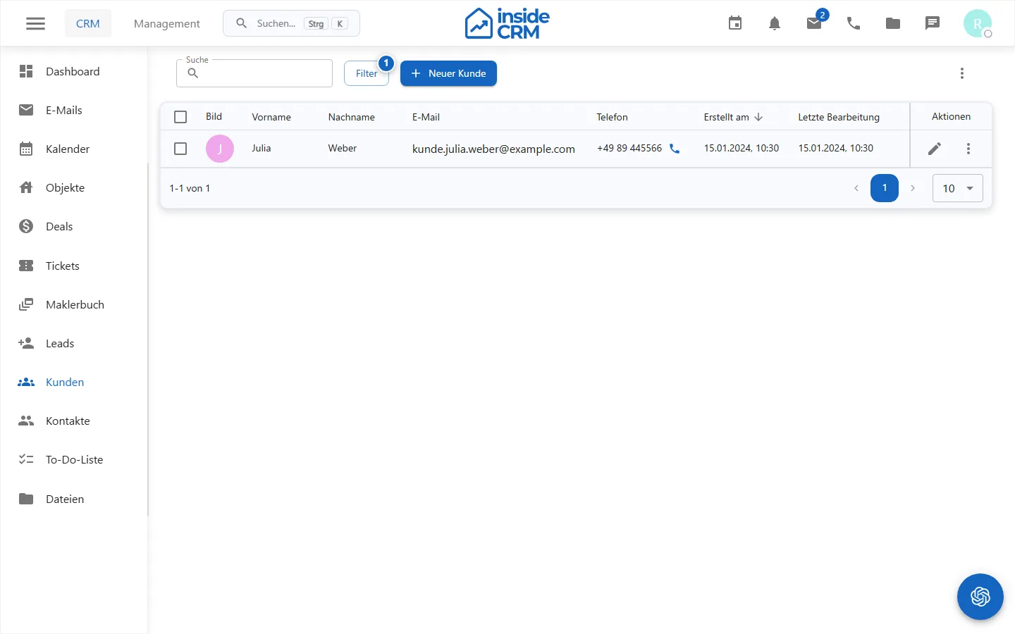 Kundenübersicht mit Suche und Datensatzaktionen