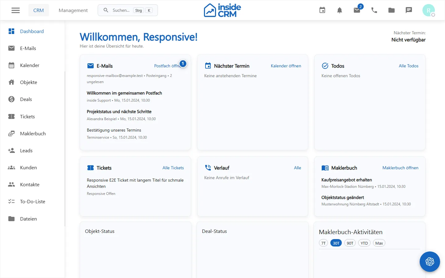Dashboard mit den wichtigsten Arbeitskarten