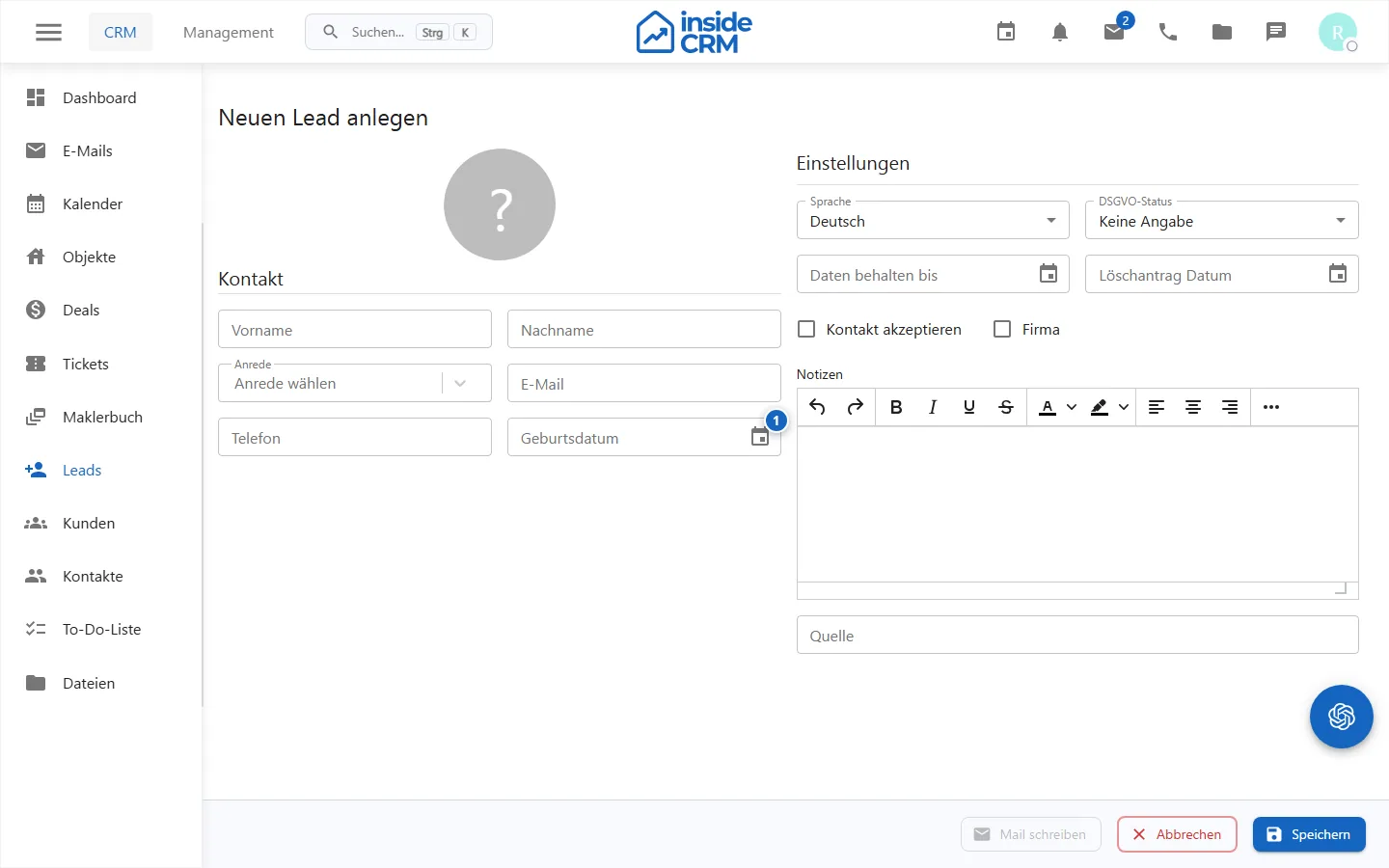 Formular zum Anlegen eines Leads