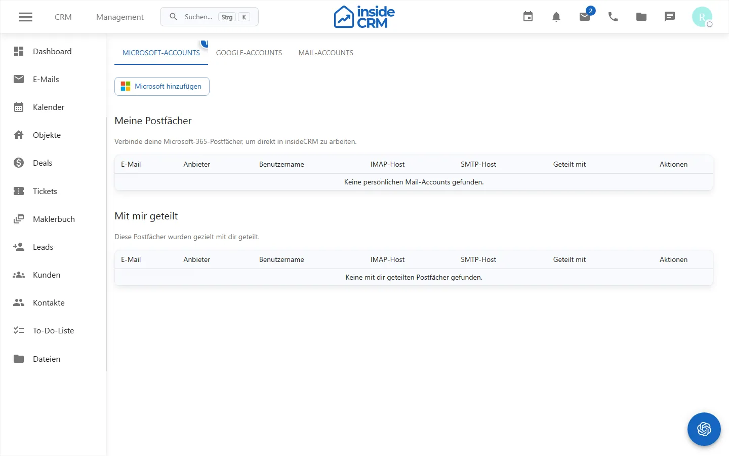 Übersicht der verbundenen Mailkonten