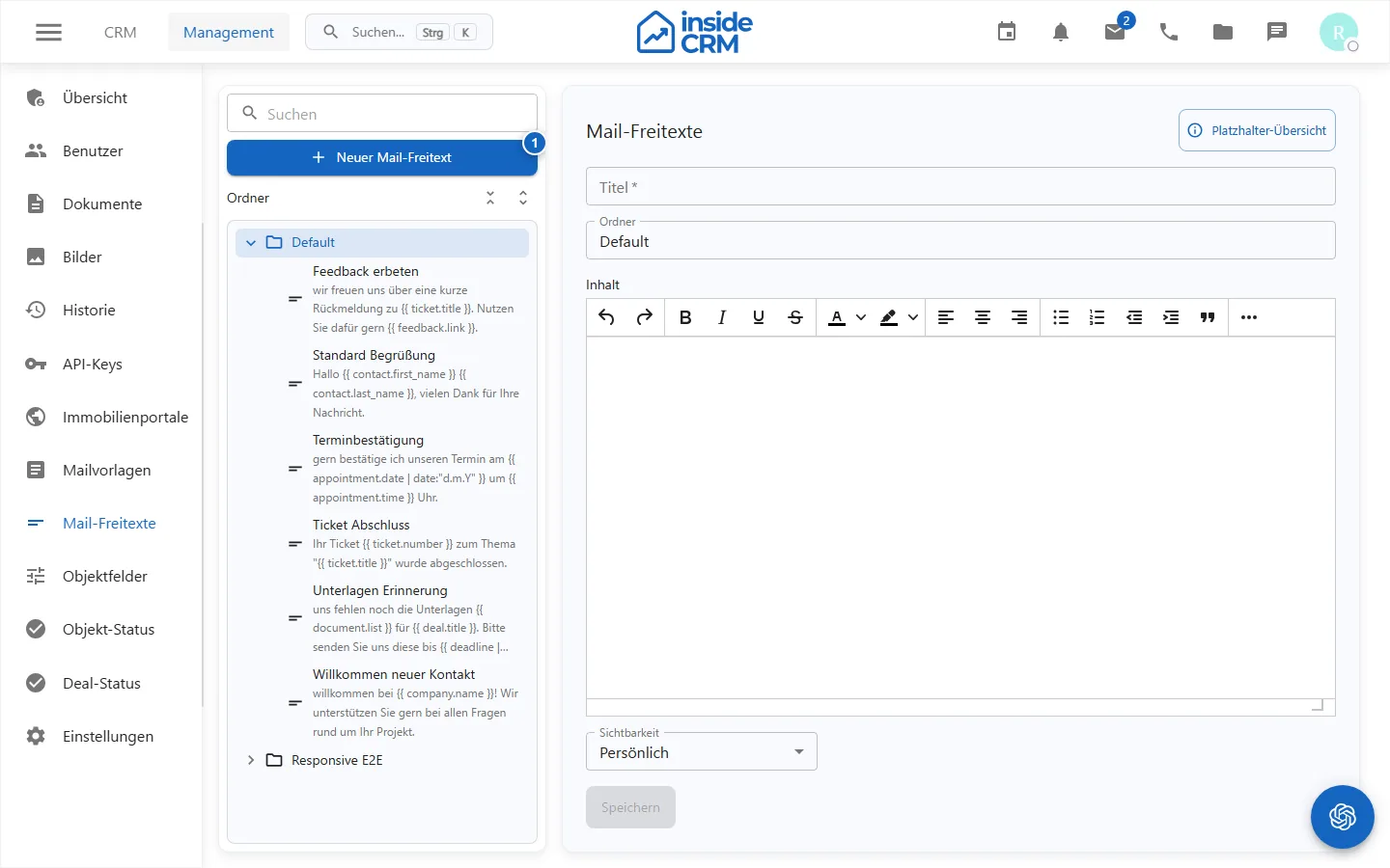 Administration der E-Mail-Freitexte