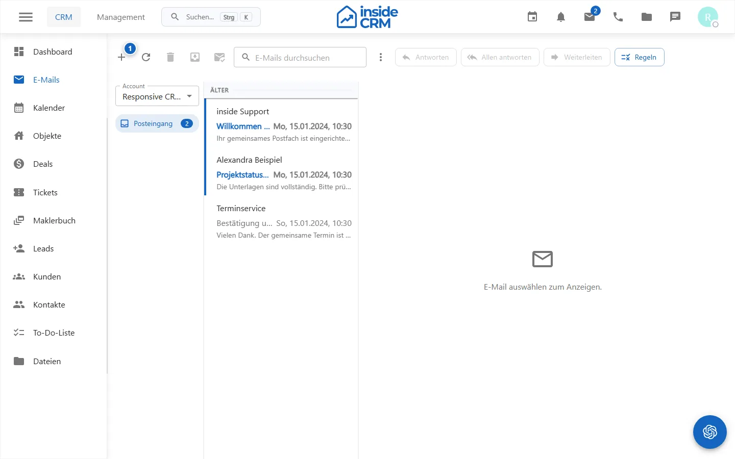 Mailbox mit Ordnern, Nachrichtenliste und Inhalt