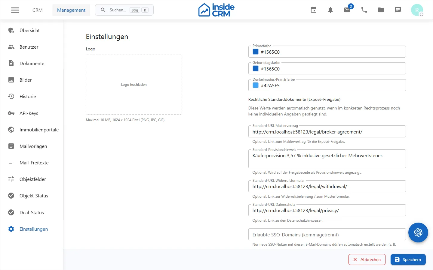 Zentrale Einstellungen des CRM-Mandanten