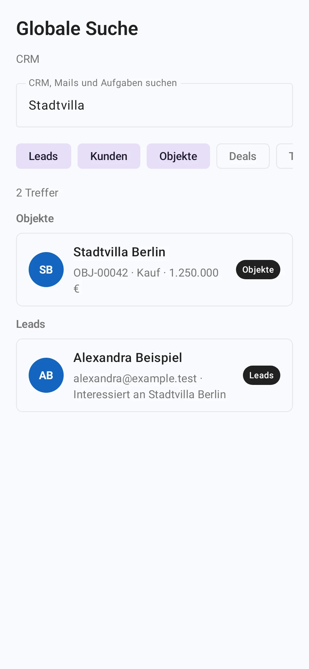 Native globale Suche mit filterbaren CRM-Treffern