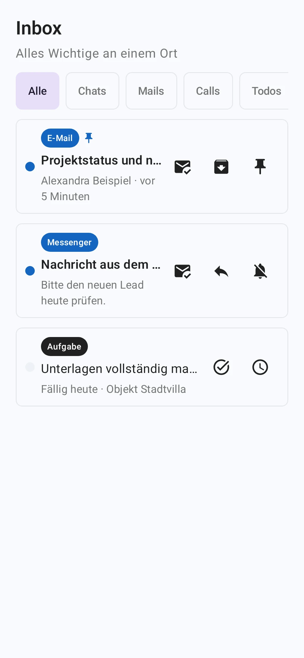 Native Inbox mit Ereignistypen und direkter Weiterarbeit