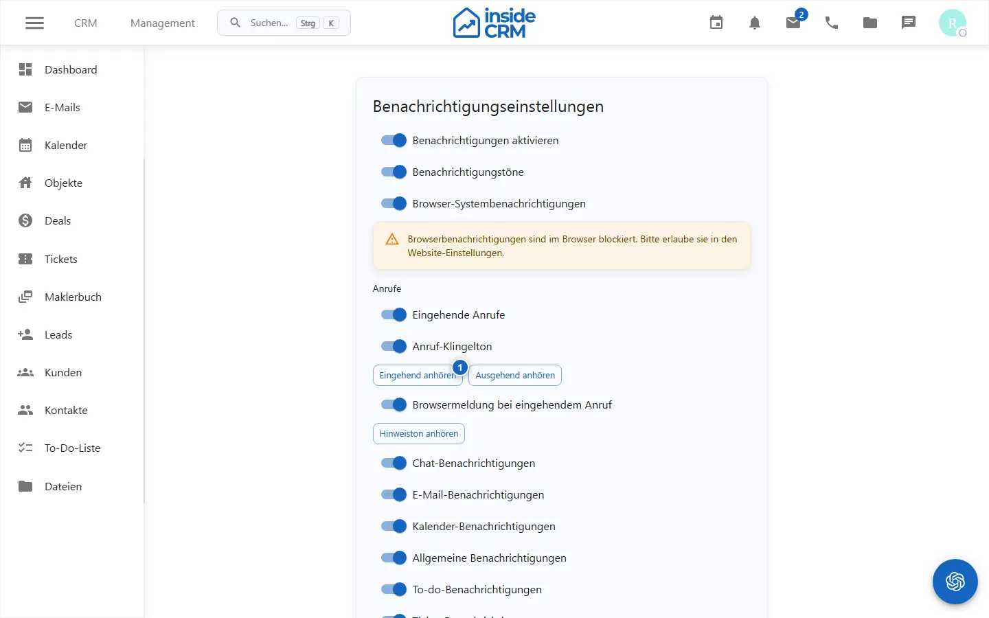 Einstellungen für persönliche Benachrichtigungen