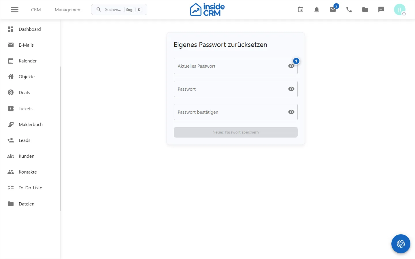 Formular zum Zurücksetzen des eigenen Passworts