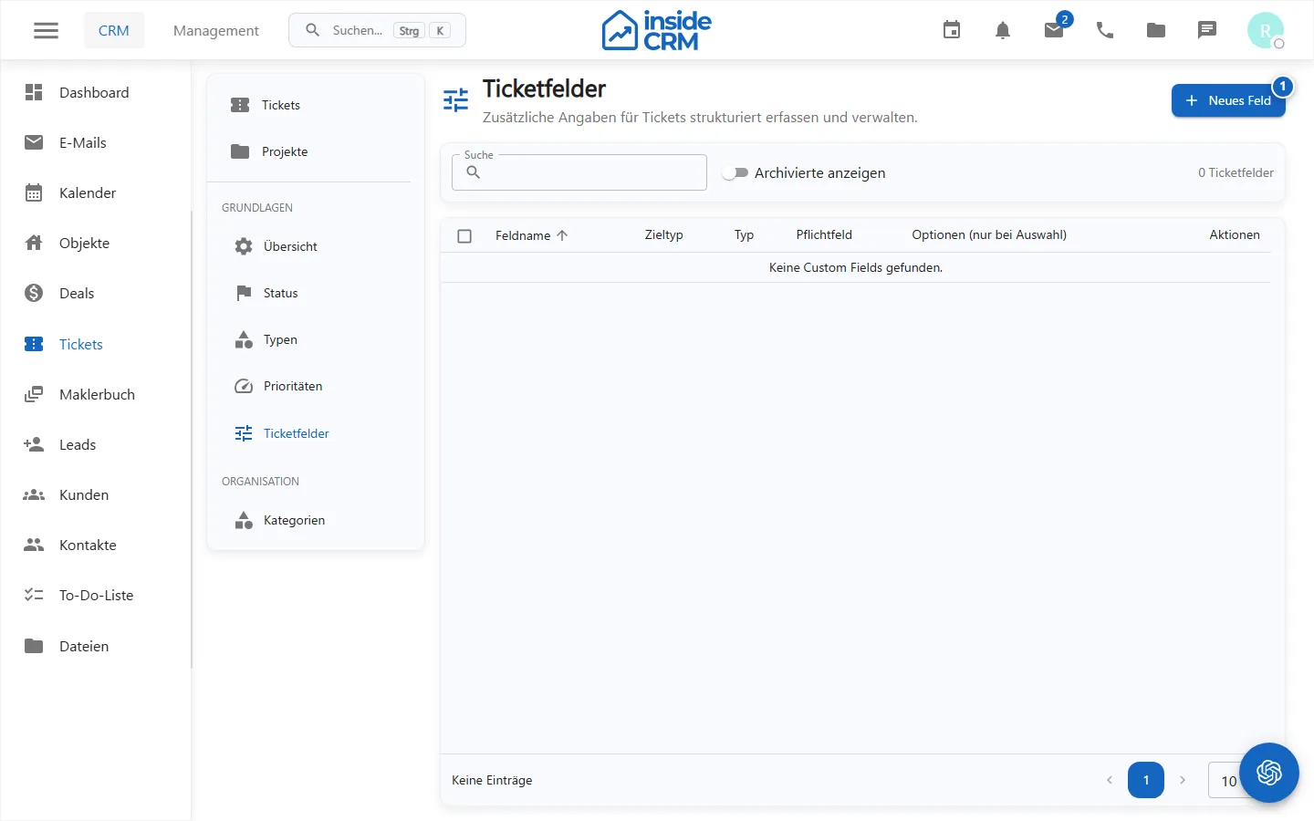 Verwaltung der benutzerdefinierten Ticketfelder