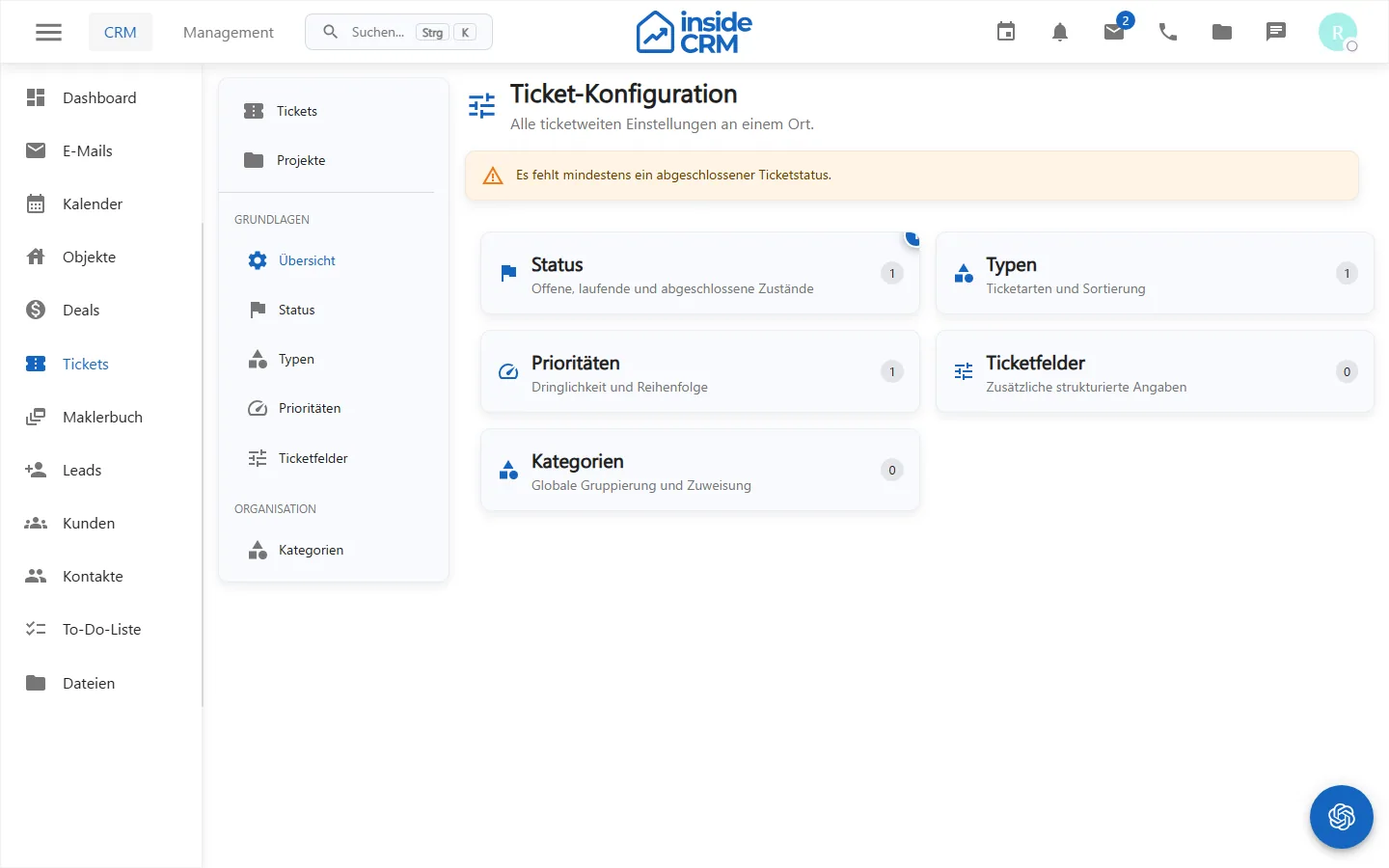 Übersicht der Ticketsystem-Einstellungen