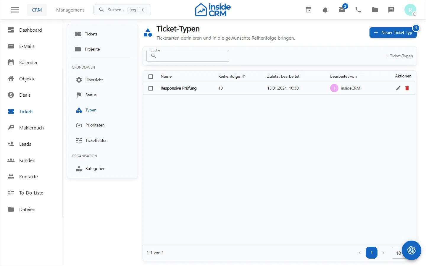 Verwaltung der Tickettypen
