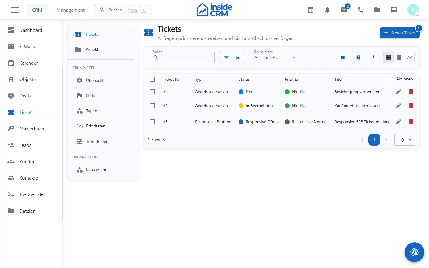 Ticketübersicht mit Filtern und Status