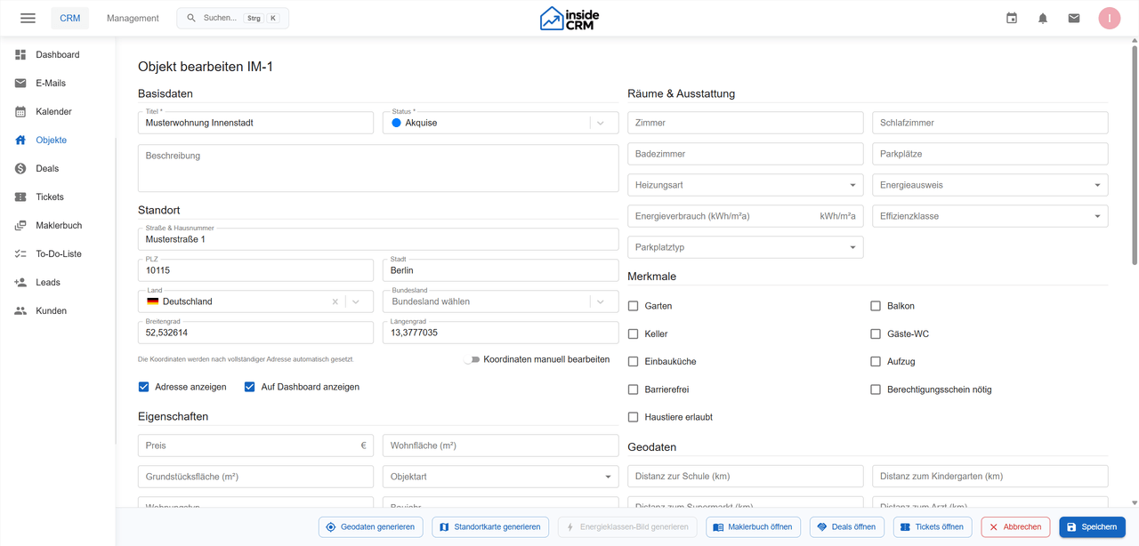 Anonymisierte insideCRM-Objektakte mit Basisdaten, Ausstattung, Maklerbuch und verknüpften Vorgängen